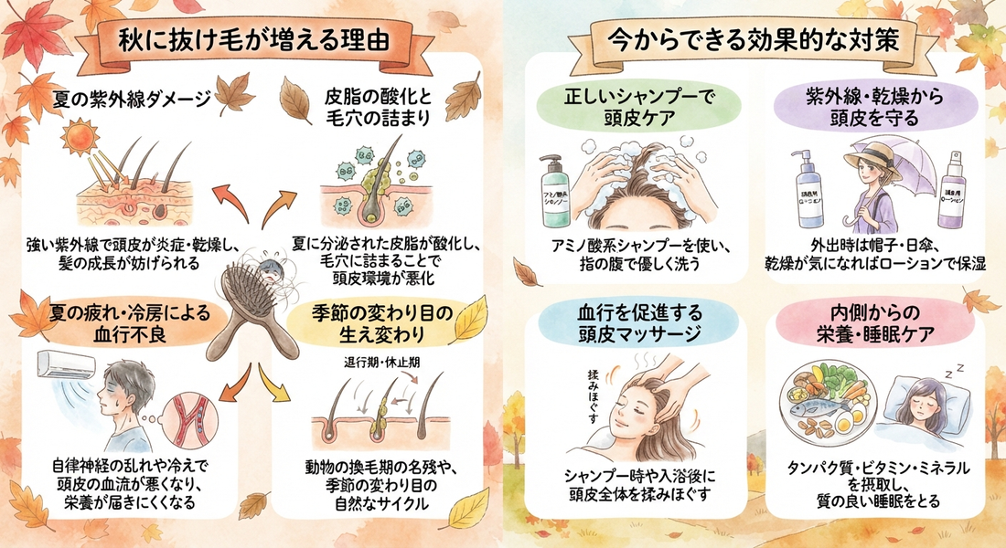 秋に抜け毛が増えるのはなぜ？原因と頭皮ケアの対策法