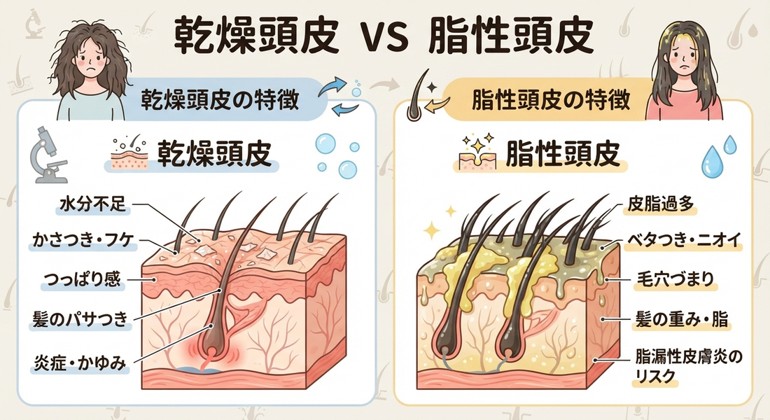 乾燥頭皮 vs 脂性頭皮——自分のタイプを知って、正しいケアを始めよう
