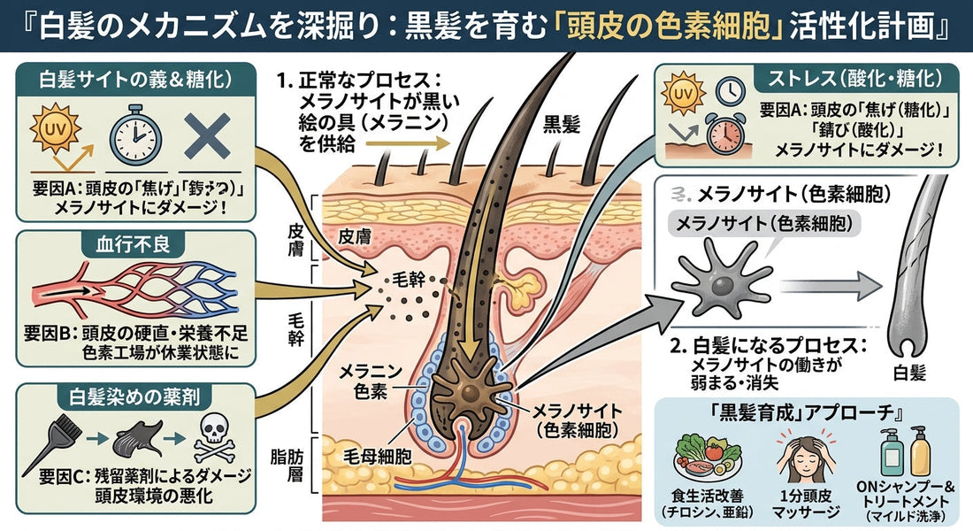 【白髪のメカニズムを深掘り】白髪染めに頼りすぎない！黒髪を育む「頭皮の色素細胞」活性化計画