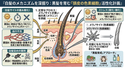 【白髪のメカニズムを深掘り】白髪染めに頼りすぎない！黒髪を育む「頭皮の色素細胞」活性化計画